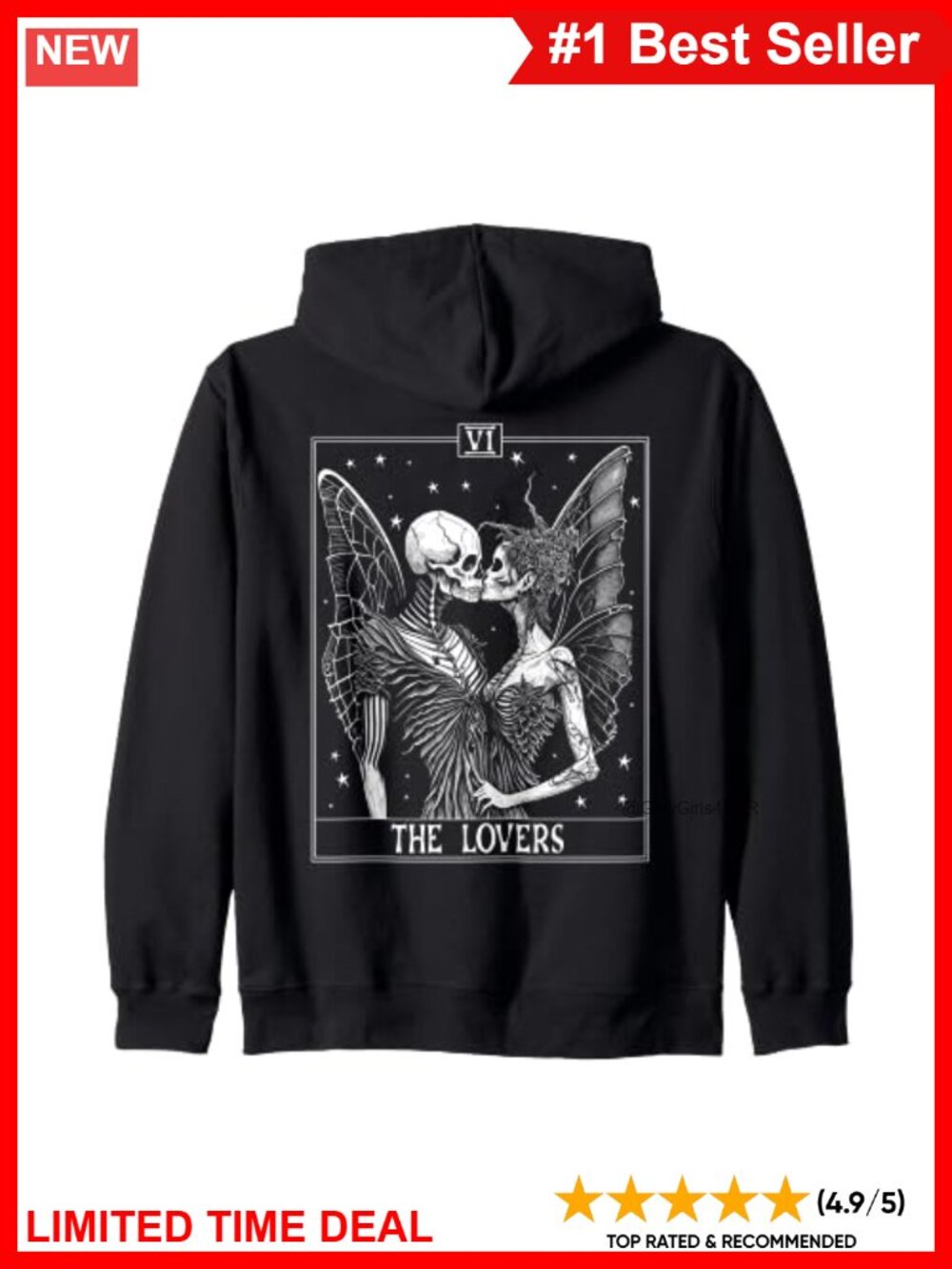 The Lovers Tarot Card Zip Hoodie Fairycore Goth Skeleton Graphic